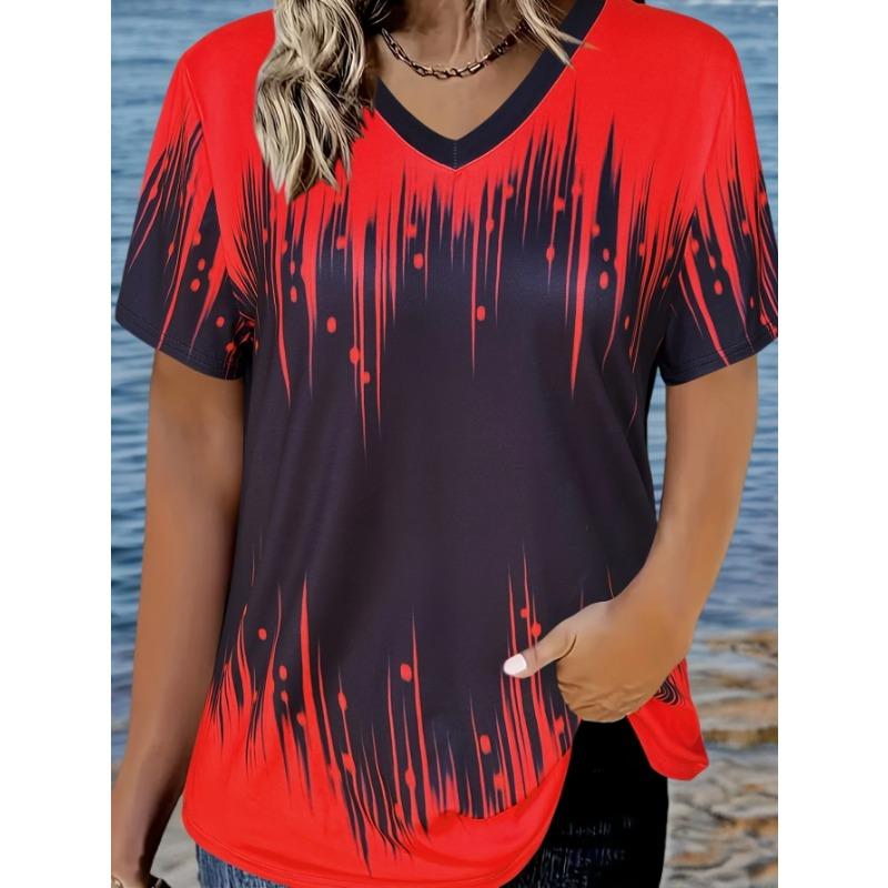 T-shirt Women's Summer Casual Elegant V-neck Short-sleeved Gradient Top Loose Casual Wear Ladies T-shirt