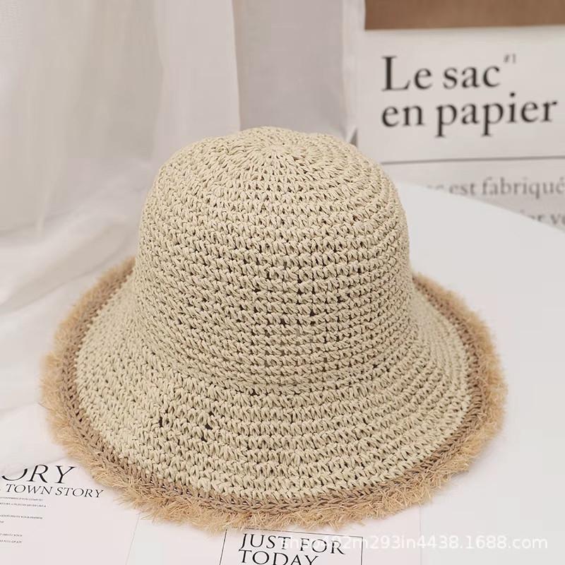 

Crochet Straw Hat for Women Summer Handmade Hollow Out Panama Raffia Paper Tassel Edge Beach Hats UV Protect Foldable Sun Visor бежевий
