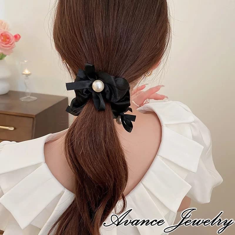 Avance Hair Accessory Hair Tie Scrunchie with Pearl Cute and Adult Style for Beige and Black Ribbon, Women, (Black)
