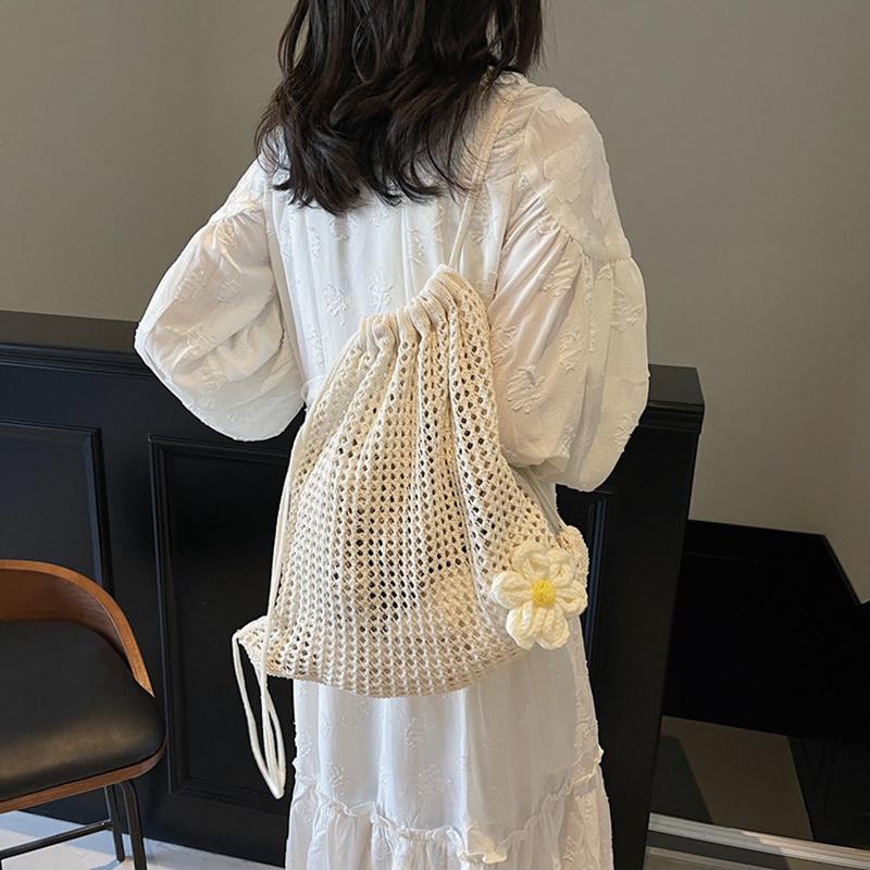 Yogodlns Fashion Solid Color Floral Decor Crochet Shoulder Bag Woven Women Beach Holiday Bucket Hollow Out Large Capacity  Backpack
