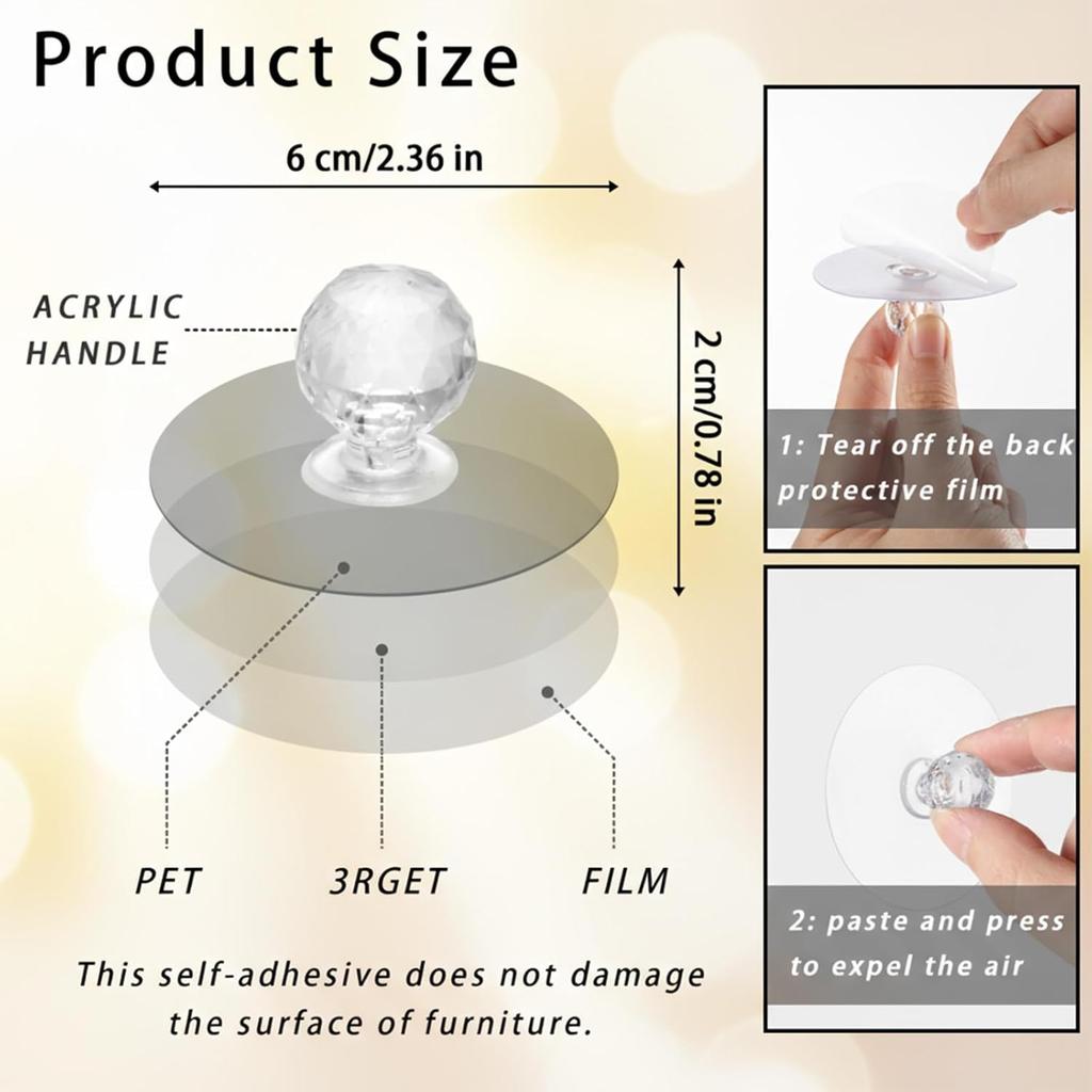 4Pcs Stick on Knobs Clear Cabinet Drawer Knob Self-Adhesive Cabinet Knob Plastic Diamond Crystal Shaped Pull Handle Drill Free Self-Stick Push Pull