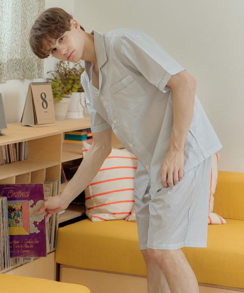 [May Flower] Grey Stripe Short-sleeve Pure Cotton Men's Plus Size Pajama Set [Shipped from Korea] 100% Authentic