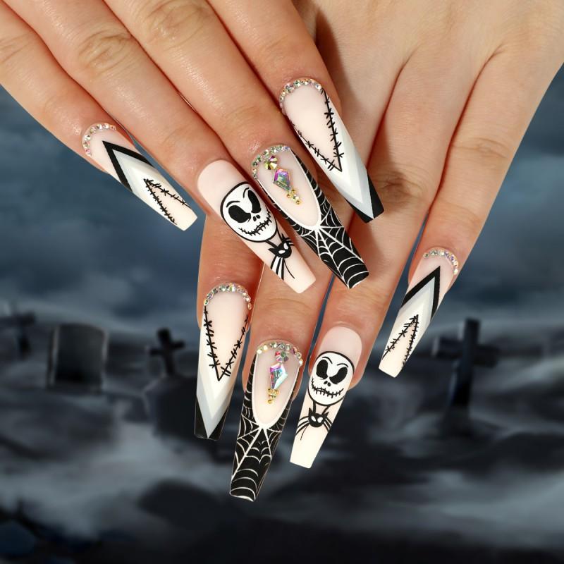 

Wearing Nail Art Halloween Frosted Skull Head Spider Web Rhinestones Wearable Stickers Press On Nails