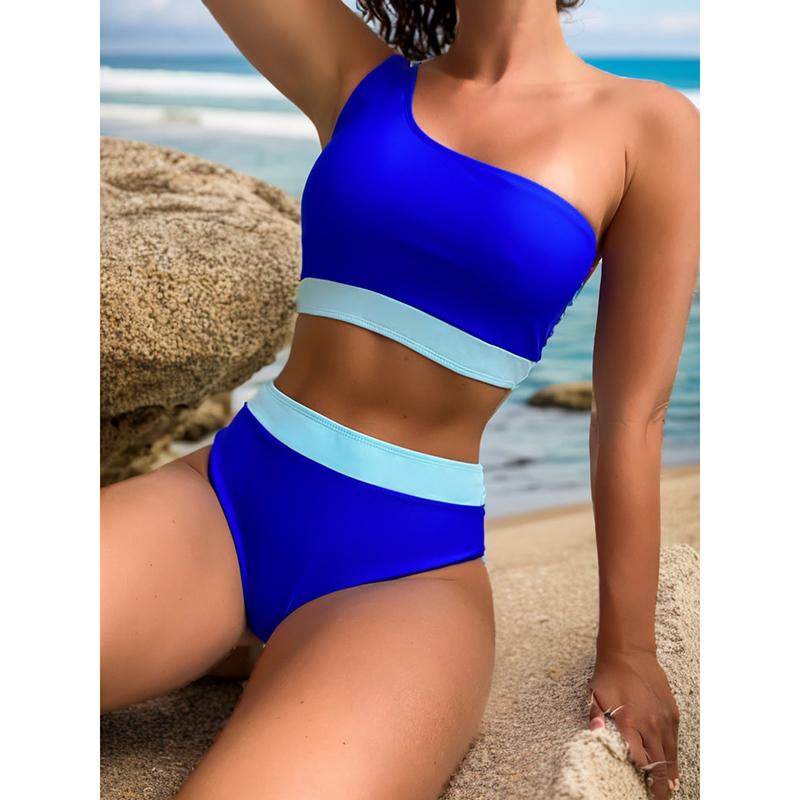 Patchwork Bikini Women Solid Color High Waist 2 Piece Swimsuit Single Shoulder Tankini Backless Beach Bathing Suit