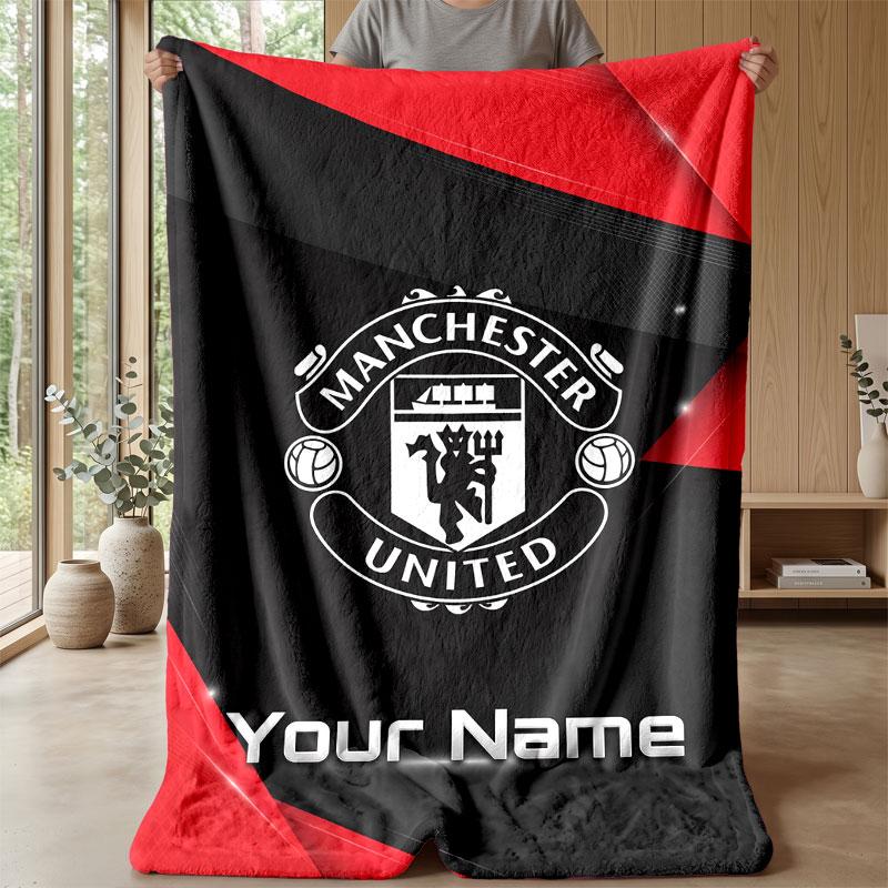 Coperta in Flanella Personalizzata con Nome Testo Manchester United Logo Calcio Plaid in Pile Personalizzato Regalo Speciale per Divano Camera da Letto Casa