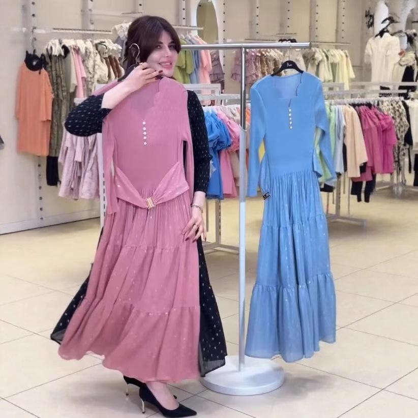 2025 European and American Plus-Size French Print Waist-Cinching Slim Long Dress