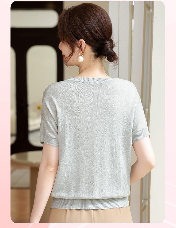 Mom's Stylish Ice Silk Summer Knit T-Shirt: Age-Reducing Short-Sleeved Top for Middle-Aged & Elderly Women
