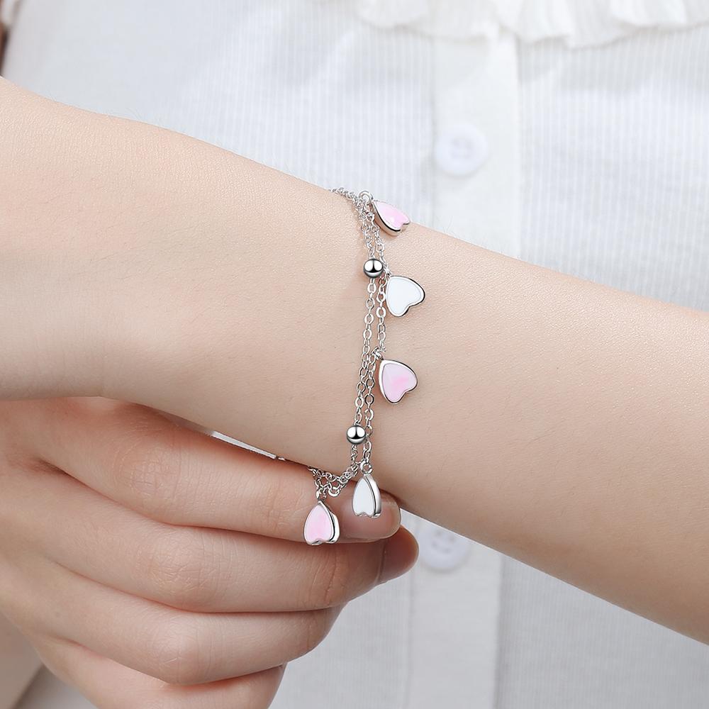 Sweet 925 Sterling Silver Pink Glaze Cherry Blossom Petals Gradient Heart Shaped Double Layer Chain Bracelets