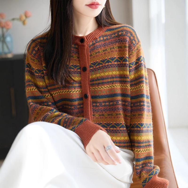 Thickened Cardigan Women's Round Neck Sweater Jacket Retro Jacquard Contrast Color Design Bottoming Shirt