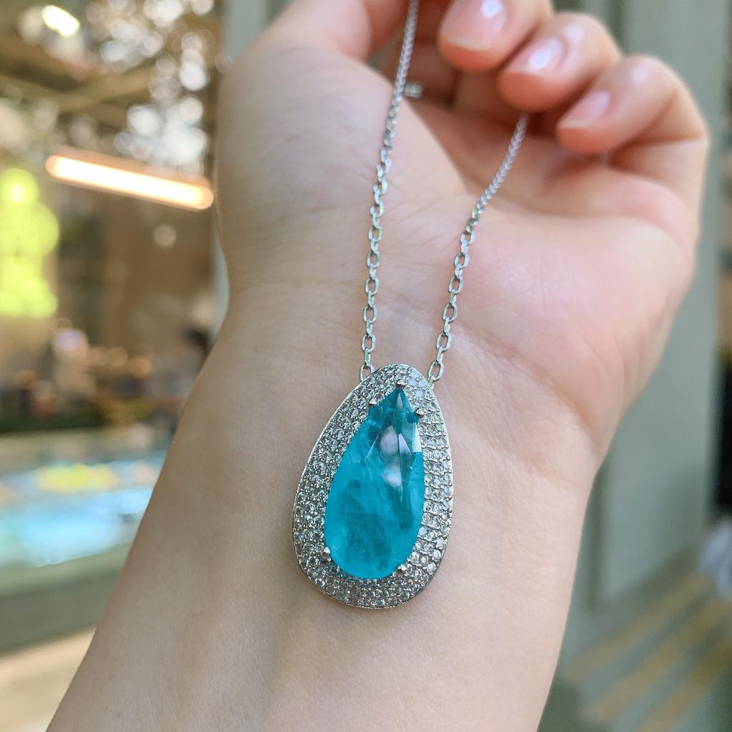 Jewelry Popular Anti-Real Paraiba Large Water Drop Pendant Necklace Stud Earrings Set Main Stone 10 * 20