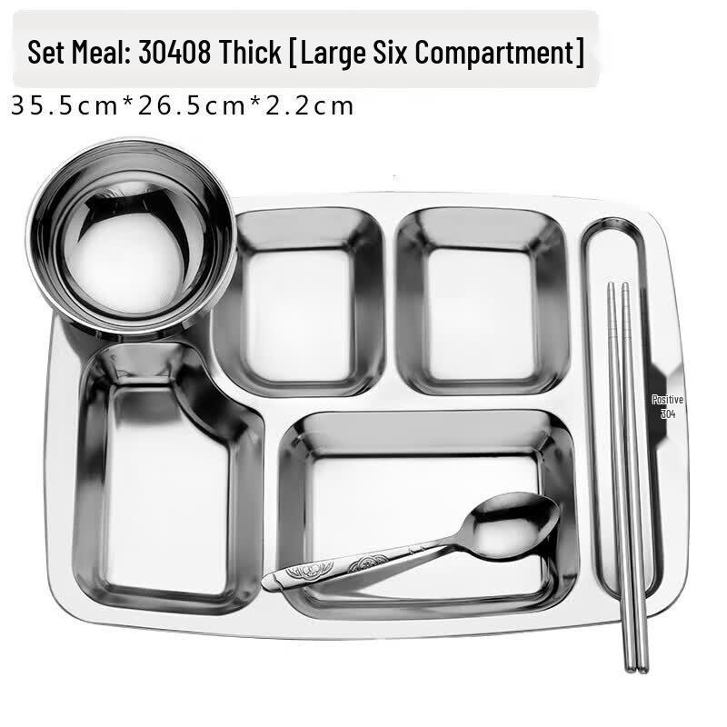 Thickened Stainless Steel 6-Compartment Lunch Tray & Utensil Set