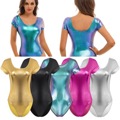 Damen Glänzender Metallischer Kurzarm Tanz-Leotard Gymnastik-Bodysuit Tanzkleidung Bühnenauftritt