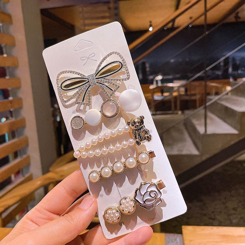 6-Piece Retro Korean Style Hair Clip Set with Bear, Pearl, Rhinestone, and Fairy Designs