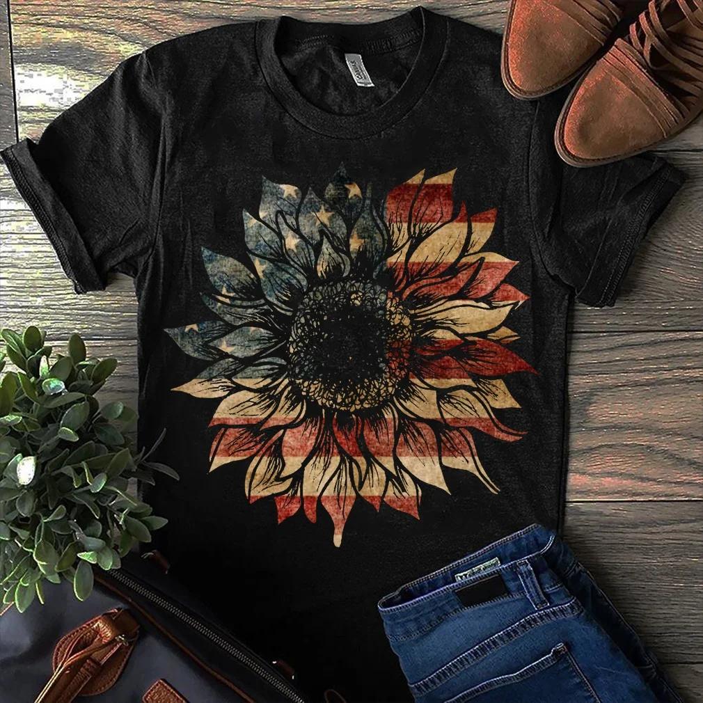 Us Flag Sunflower Patriotic 4th July Independence Day Unisex Unisex T Shirt Black Unisex