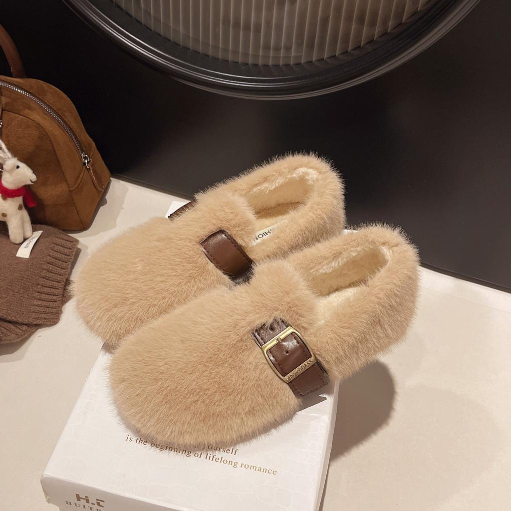 French Fluffy Shoes for Women's Outer Wear 2025 Autumn and Winter New One-pedal Plush Mary Jane Doudou Single Shoes Cotton Shoes