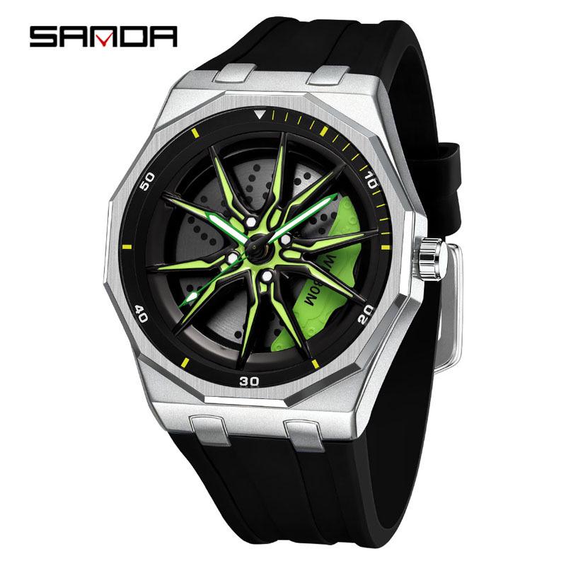 Sanda Men's Waterproof Alloy Car Wheel Design Silicone Wristwatch