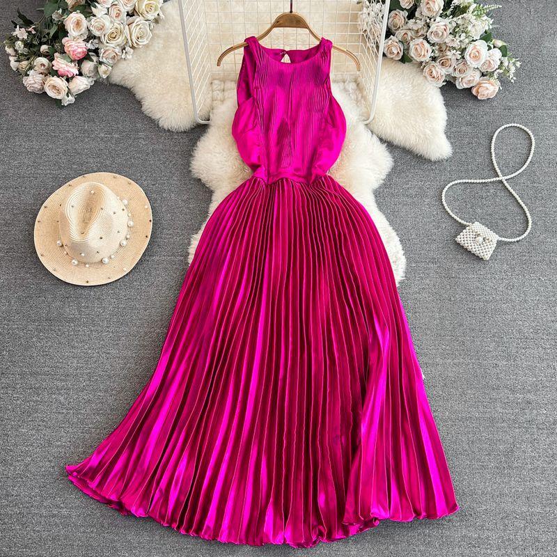 

Круглый вырез Глянцевое А-силуэт Плиссированная Элегантность Платье с большим подолом Purple All yards