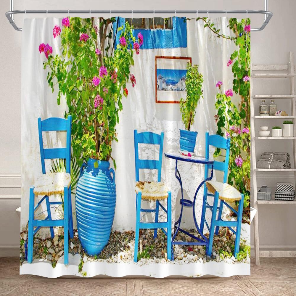 Seaside Townscape Shower Curtain Mediterranean Blue White Architectural Natural Flowers Ocean Polyester Bathroom Curtains Decor
