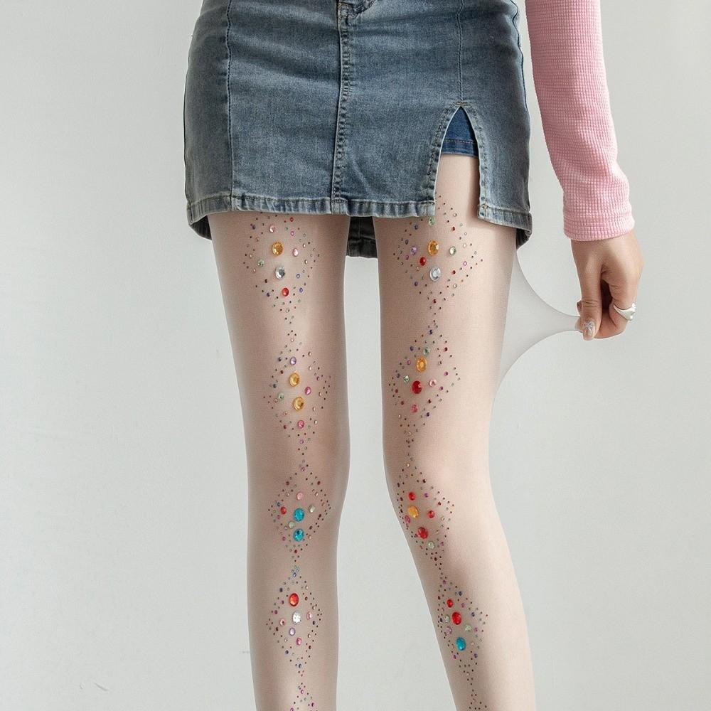 

Stretch Colorful Rhinestone Pantyhose Dopamine Shiny Tights Bling Hosiery Silk Stockings Dance Style 2 White