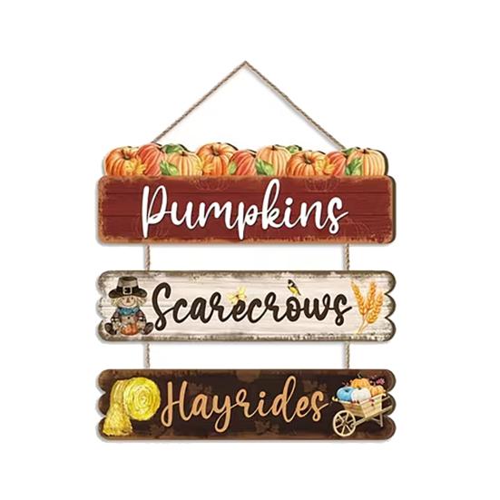 Rustic Pumpkin Door Sign Set Wooden Scarecrow Wall Hanging Decor A