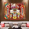 Maneki Neko Tapestry Wall Hanging Japanese Lucky Cat Rising Sun Wave Red Blue Aesthetic Wall Art Living Room Decor