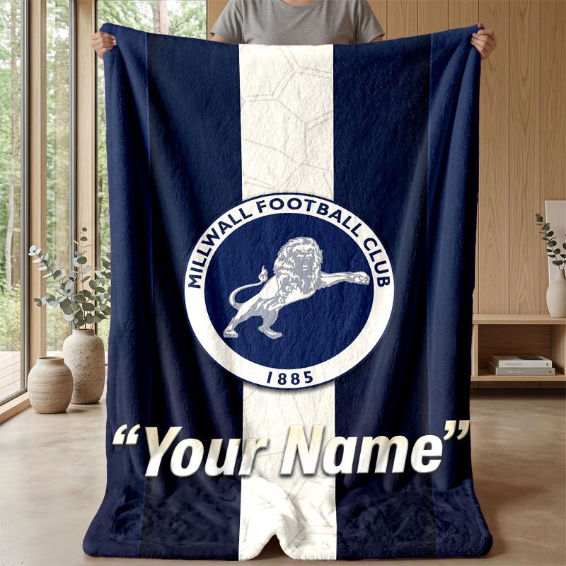 Millwall Custom Name Text Flannel Blanket Soccer Logo Personalized Fleece Throw Blanket Special Gift For Sofa Bedroom Home