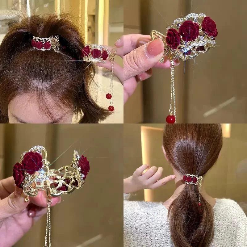 New Shiny Rhinestone Rose Decoration Metal Hair Clip for Women's Elegant Sexy Ponytail Clip Girls Fashionable Hairs Accessories