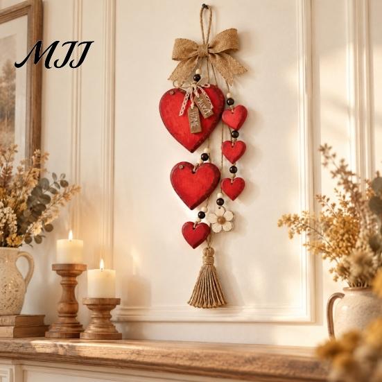 Rustic Wall Decor for Home Wooden Heart Hanging Ornament, Door Hanger with Bow, Pastoral Wood Craft Ornament Tassel, Farmhouse Window Decoration