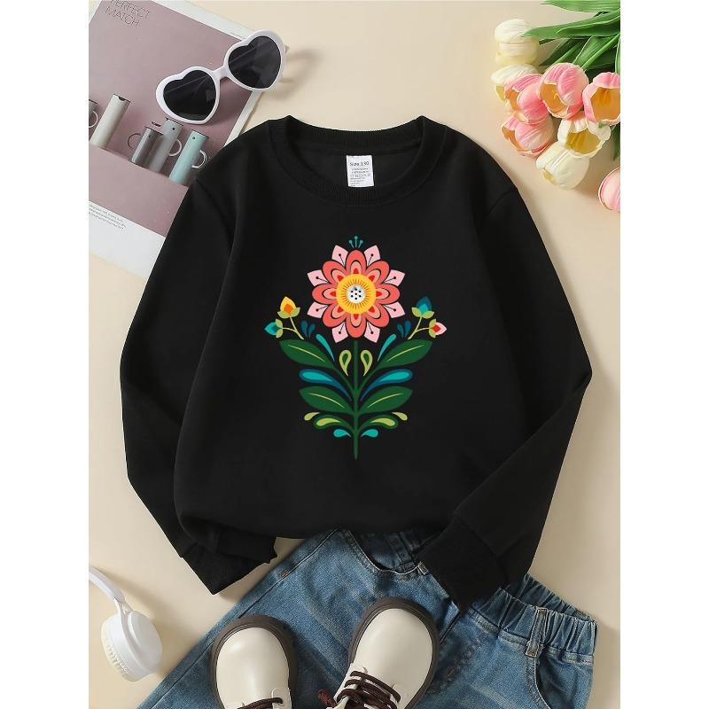 European sizes Girls' Crewneck Sweatshirt - Colorful Floral Pattern with Leaves, Soft Comfy Sportswear for Children & Teens