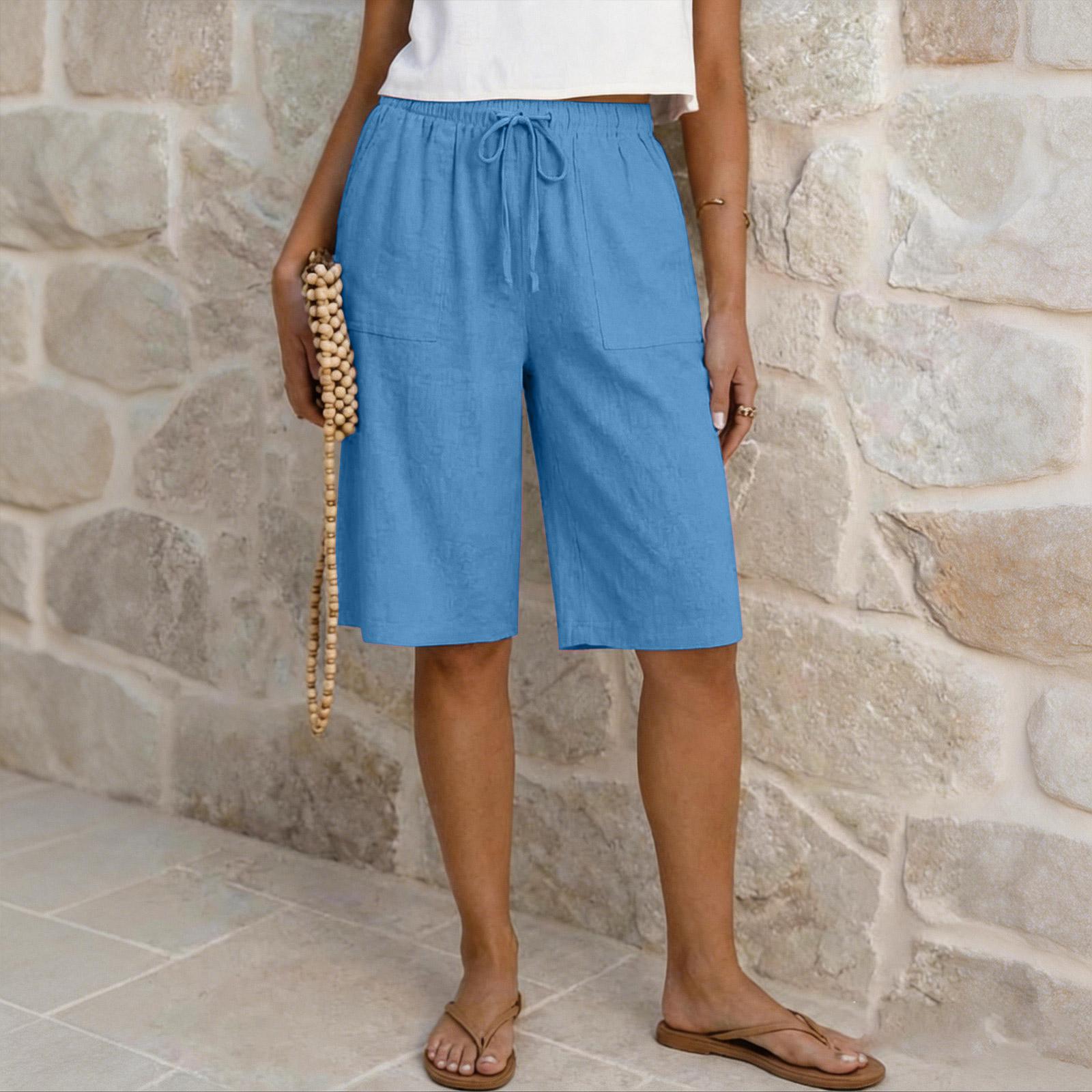 

Women Summer Cotton Linen Drawstring Waist Loose Fit Casual Shorts with Pockets Relaxed Mid Thigh Length Design L