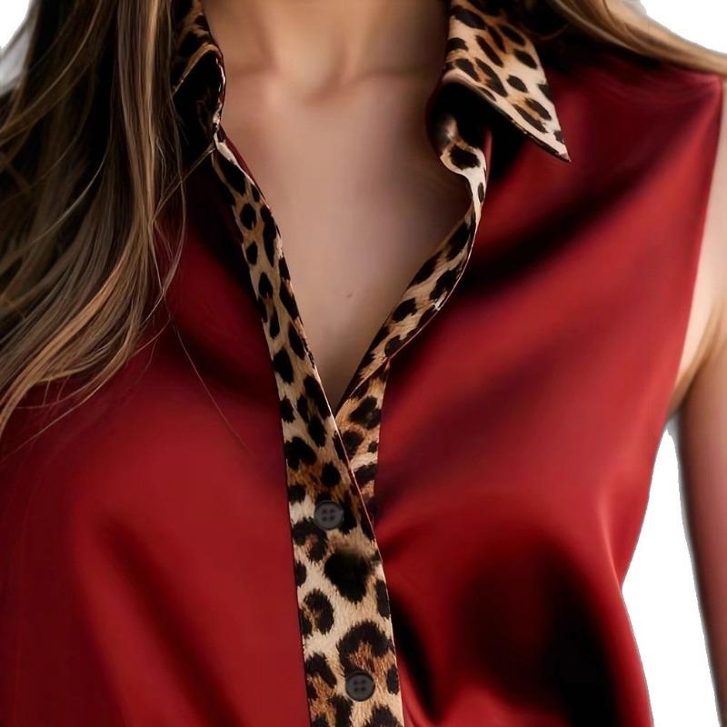 New Women's Leopard Print Long Sleeve Office Shirt Spring Autumn Lapel Casual Loose Blouse Simple Satin Elegant Solid Color Top Clothing