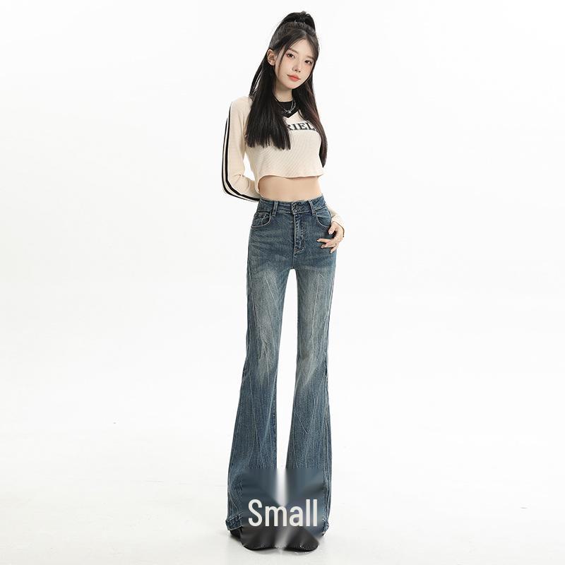 Women's High-Waisted Micro-Flare Jeans - Gray Velvet, Slimming, Floor-Length, 2024 Autumn/Winter.