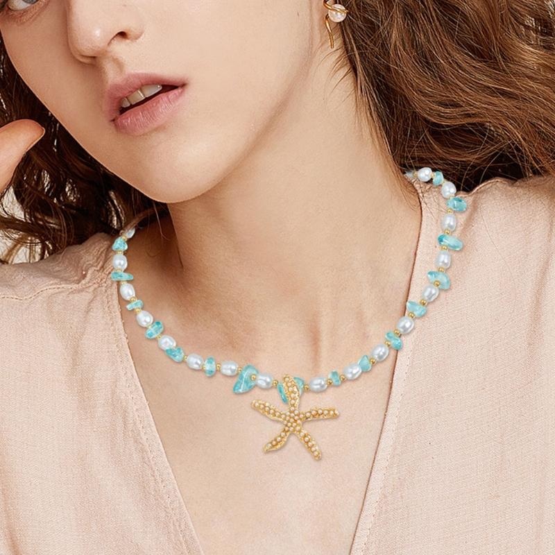 Playful Starfish Drop Necklace Lightweight Alloy Collarbone Chain With Crystal Embellishment For Casual Daily Wear