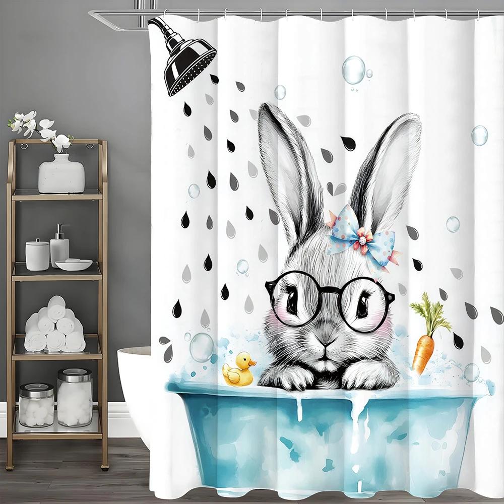 Cute Easter Bunny Shower Curtain, Simple Cute Bunny Bathroom Decorative Shower Curtain, Waterproof Shower Curtain with Hooks