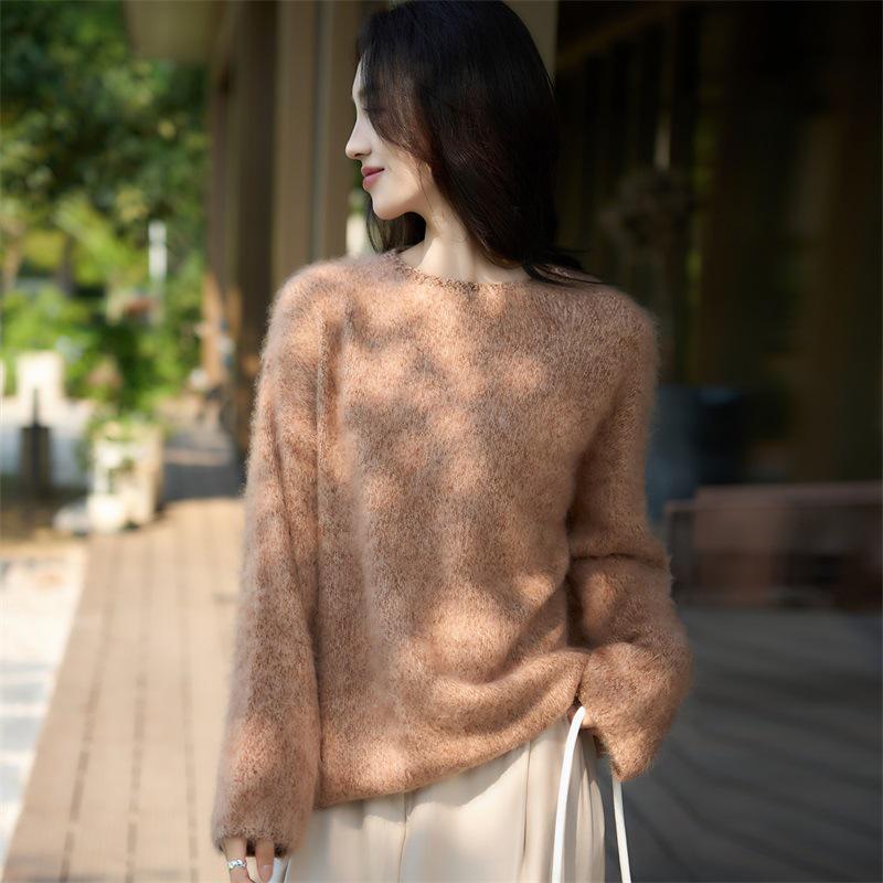 Premium French Wool Long-Haired Plush Round Neck Sweater for Women - Cozy Autumn/Winter Casual Style.