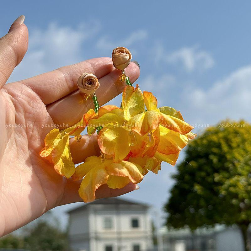 Flower Glass Beads, Water Droplets, Fringed Earrings, Mori Vacation Style Fashion Earrings, Sweet and Fresh Temperament Earrings