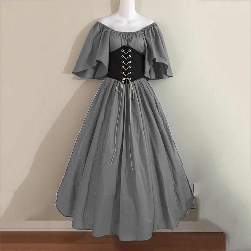 Women's Off‑Shoulder Half Sleeve Maxi Dress Loose Fit High Waist Vintage Renaissance Medieval Gown