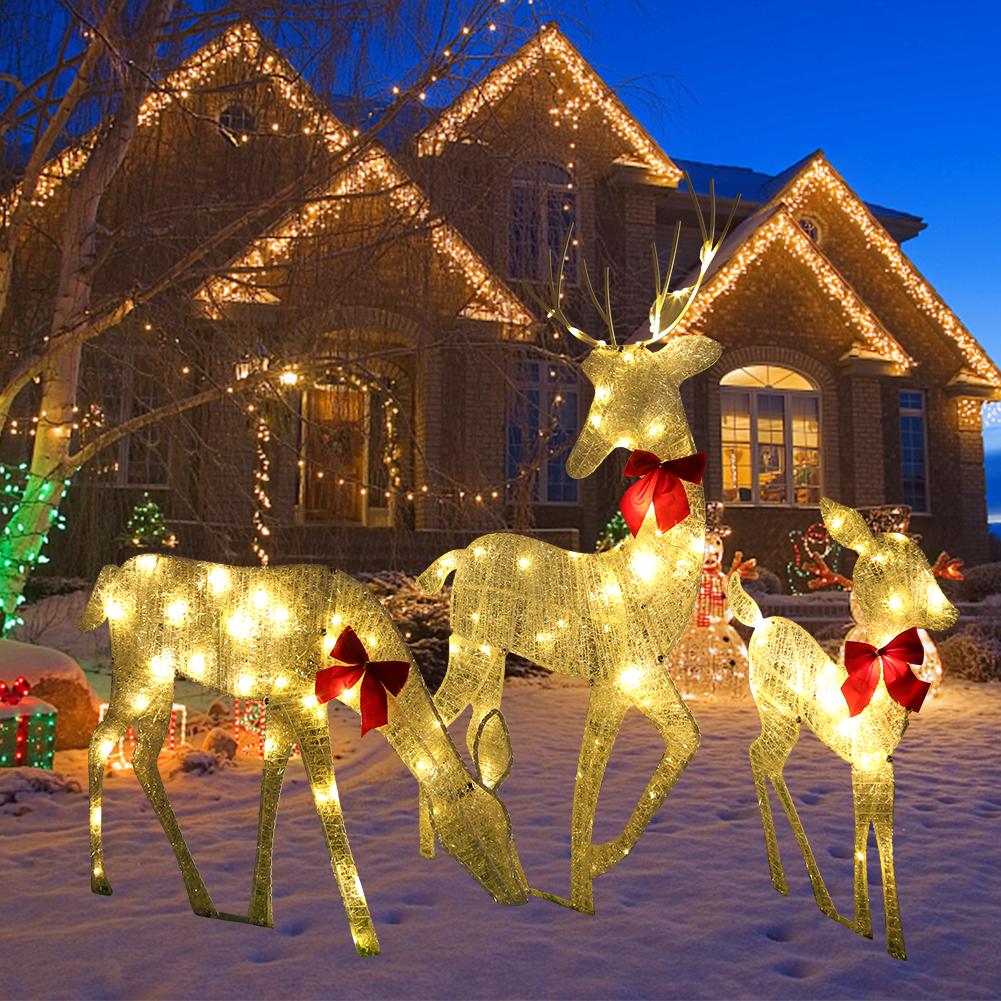 Christmas Decoration Metal Family Deer Christmas Decor Iron Art LED Lighted Christmas Lighted Reindeer for Yard Patio Lawn Decor