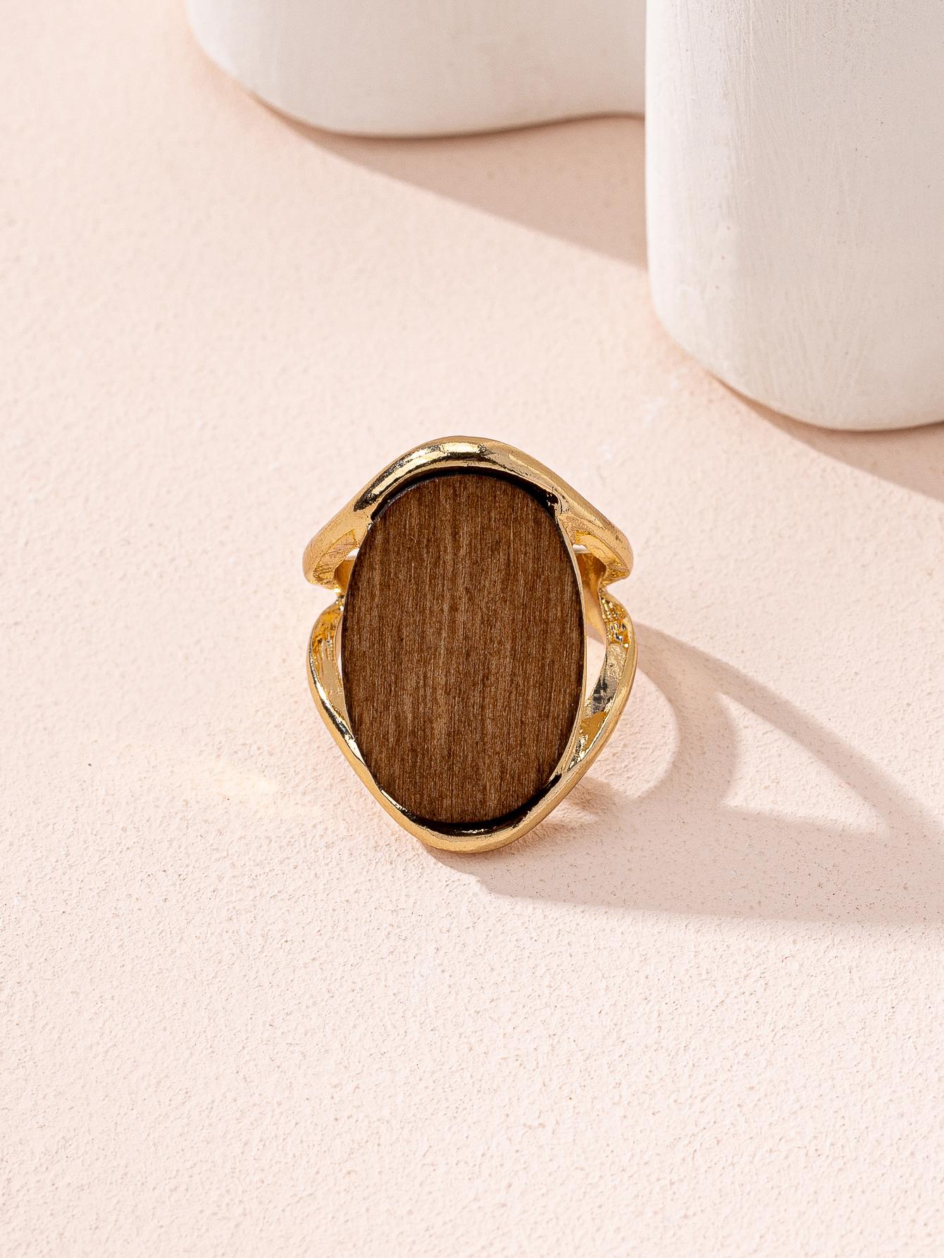 

Women s Fashion Ring 2026 Zinc Alloy Oval Inlaid Brown Wood Autumn and Winter Jewelry темные хаки