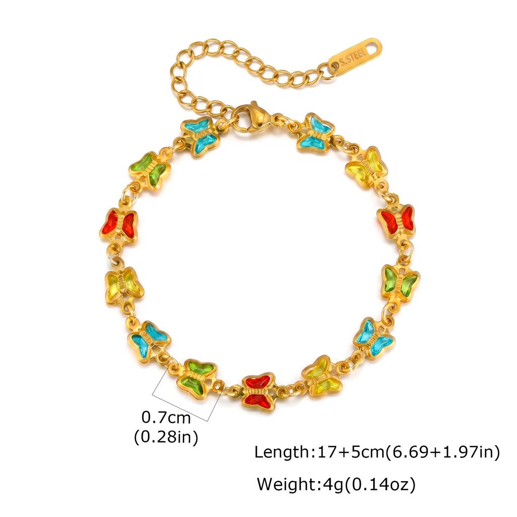 Stal Nierdzewna Tęczowy Kolorowy Cyrkonia Motyl Bransoletka dla Kobiet Regulowana Pozłacana 18K Luksusowa Biżuteria Fashion Prezent