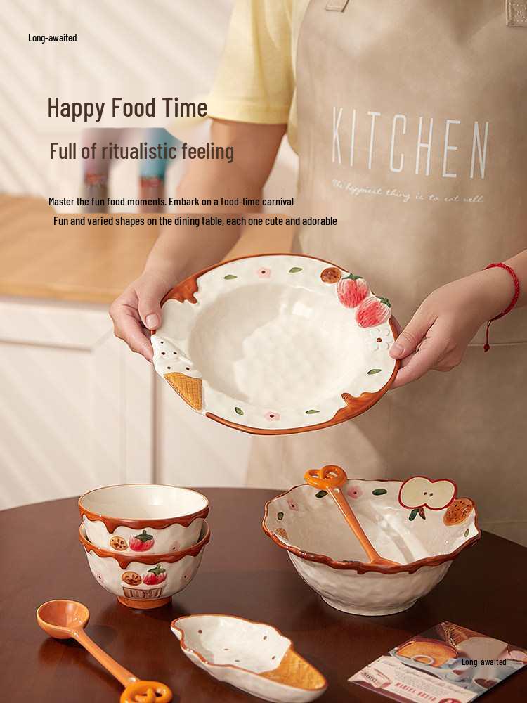 Süßes geprägtes Apfel Keramik Geschirr Set: Eisplatte, Reisschüssel, Nudelsuppenschüssel, Salat- und Pastateller