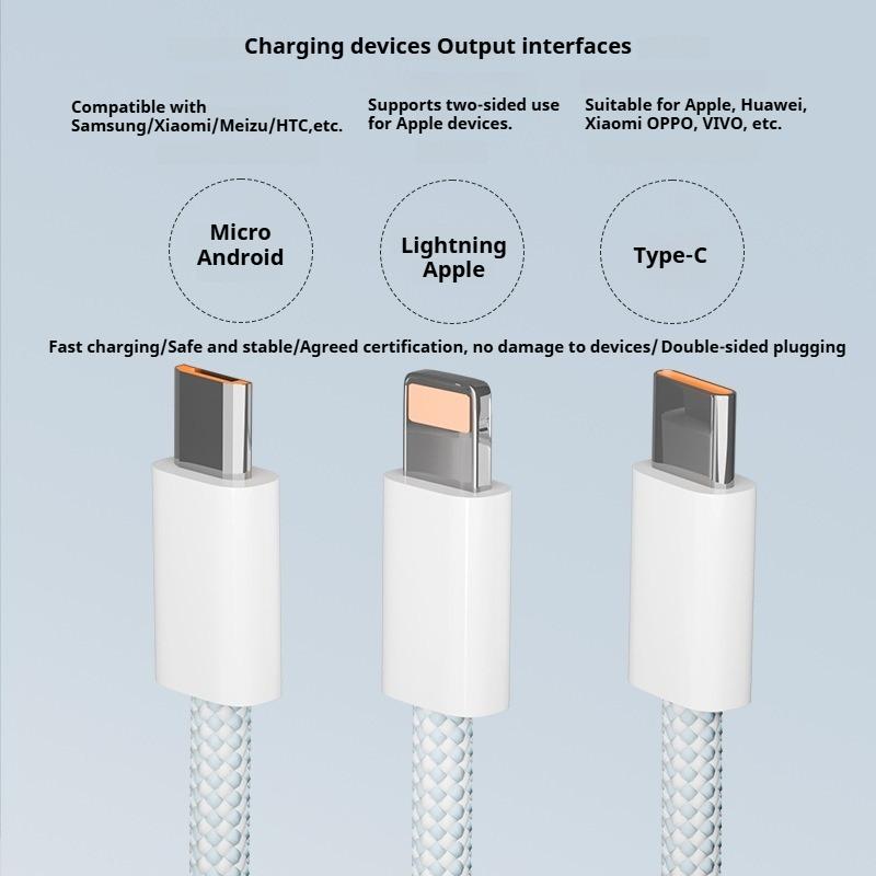 100W 3 In1 Multi Port Charging Cable For iPhone Android Phone Xiaomi Huawei Type C Braided Fast Charger Data Cord Wire Line 1PC