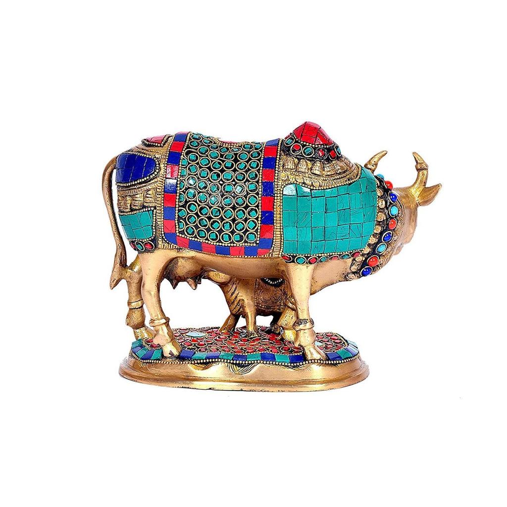 Beautiful Lucky Kamdhenu Cow with Calf Brass Sculpture Home Décor, Height :7 Inch