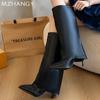Women High Boots Pointed Toe Leather Shoes Winter Designer Mid Heels Party Shoes Women 2024 Trend Snow Boots Elegant Mujer Botas