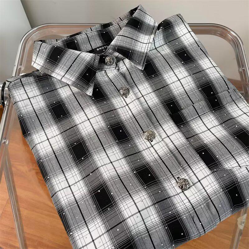 

Мужская рубашка с длинным рукавом в клетку в стиле ретро 2024: Японско-американский тренд, свободный крой кэжуал XL чёрный