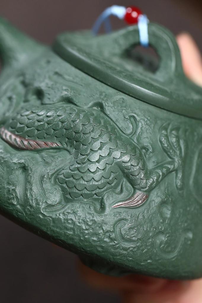 Yixing Zisha Handmade Green Clay 'Ruiqingyun Hidden Dragon' Teapot