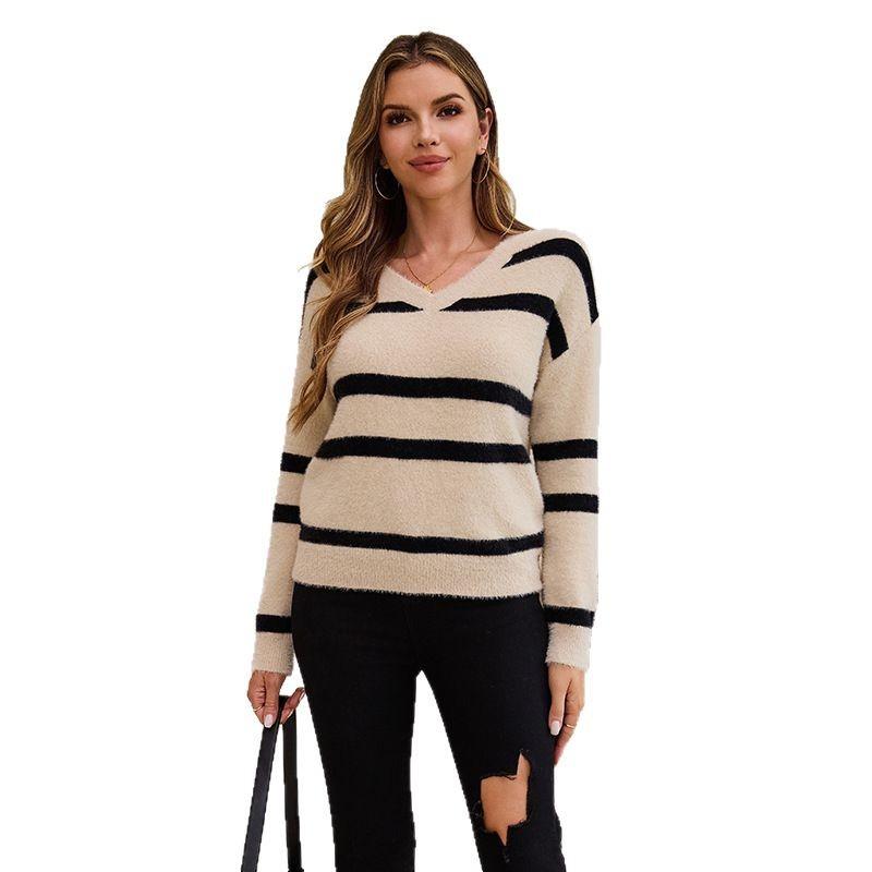 

Полосатый трикотажный топ с цветными блоками, свитер с открытыми плечами, женский дизайн для весны и осени, нишевый базовый слой с V-образным вырезом S абрикосовый