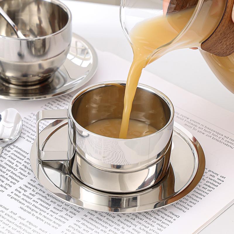 304 Stainless Steel Coffee Set: Double-Wall Insulated European-Style Cup, Saucer, Spoon, Anti-Scald, Custom Logo Option