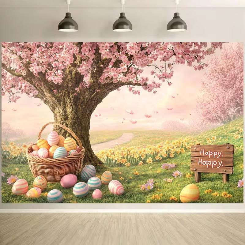2D Spring Easter Meadow Backdrop, Cherry Blossom Tree & Basket Eggs Party Background