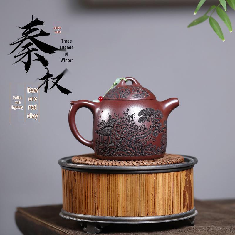 Handmade Yixing Zisha Red Clay Teapot: Three Friends of Winter Gongfu Tea Set Gift 260cc